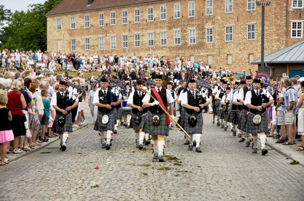 Pipe band wearing kilts