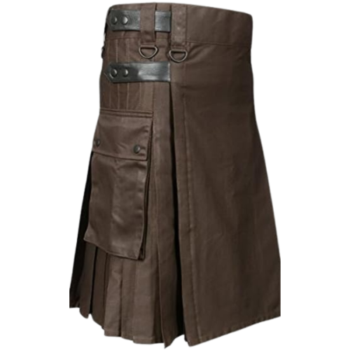 Brown Cotton with Black Straps Kilt