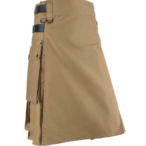 Khaki Cotton with Black Straps Kilt